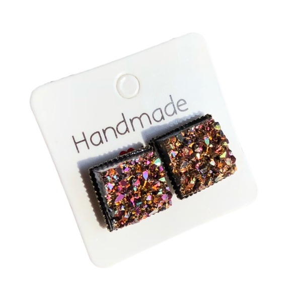 Copper Magenta Chunky Druzy Square Bronze Earrings - Picture 2 of 11